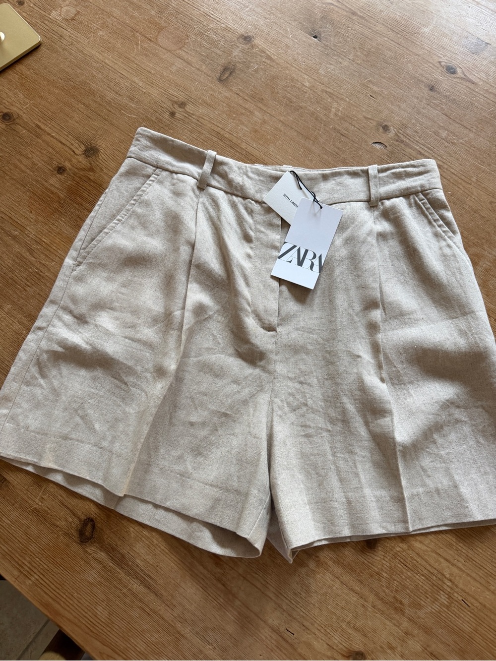 Zara khaki/tan Linen Blend pleated High-Waist Shorts NWT